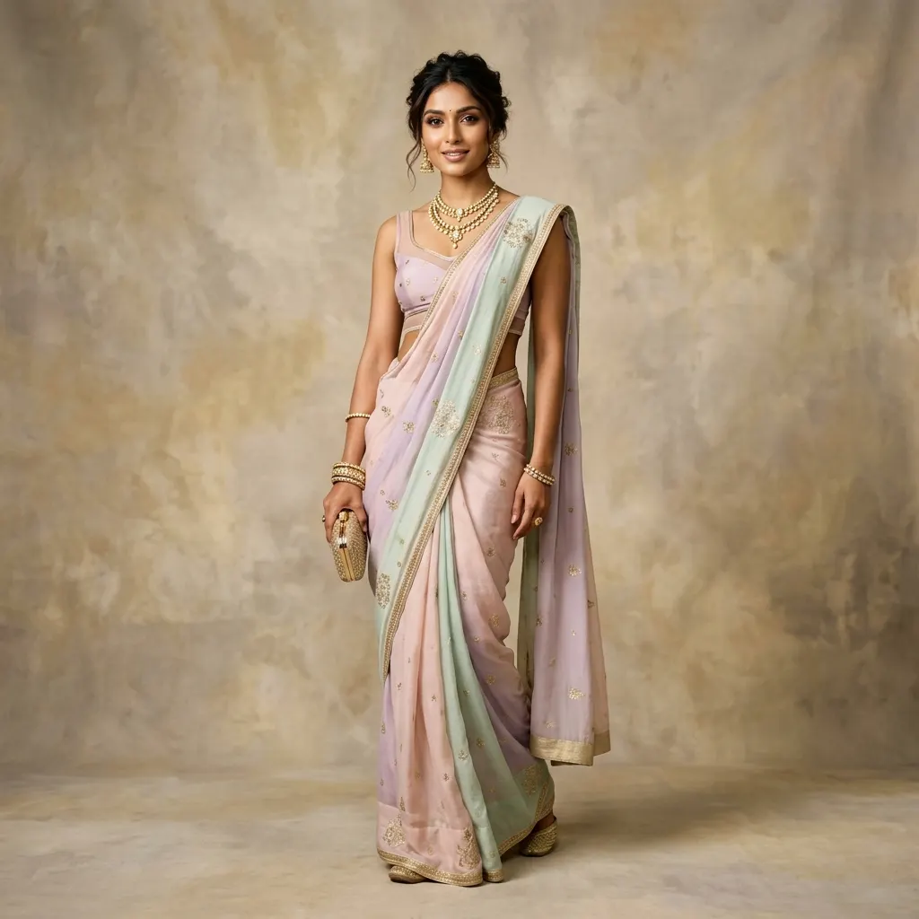 Editorial portrait styled by CoreStyl — Hourglass / Chic Drape, Pastel Saree & Evening Wear